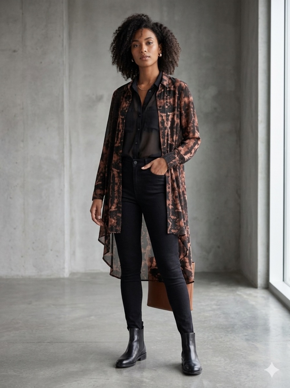 Divided Black and Brown Abstract Print Blouse
